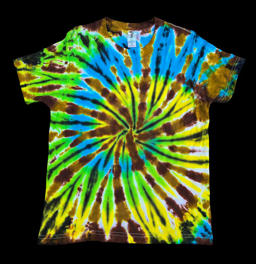 A short-sleeve crewneck tie-dye t-shirt featuring a vibrant spiral pattern with bright blue, lime green, yellow, and earthy dark brown colors.