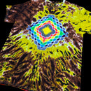 A short-sleeve tie-dye t-shirt featuring a large, colorful geometric mandala design in the center, surrounded by yellow, brown, and black tie-dye patterns on a black background.