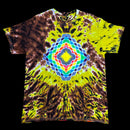 A short-sleeve tie-dye t-shirt featuring a vibrant neon yellow and brown spiral pattern with a large, colorful geometric mandala design printed in the center.