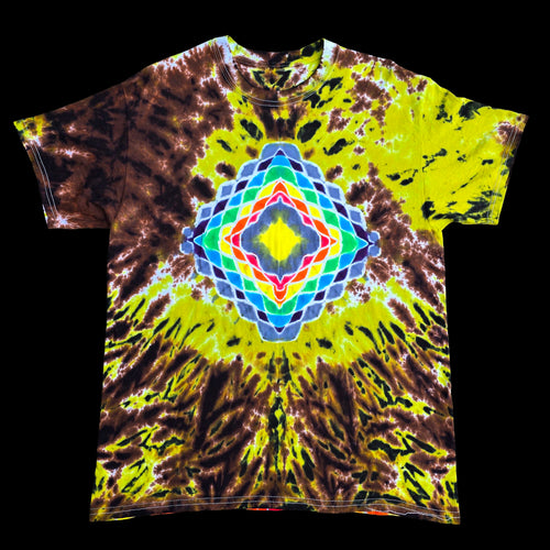A short-sleeve tie-dye t-shirt featuring a vibrant neon yellow and brown spiral pattern with a large, colorful geometric mandala design printed in the center.