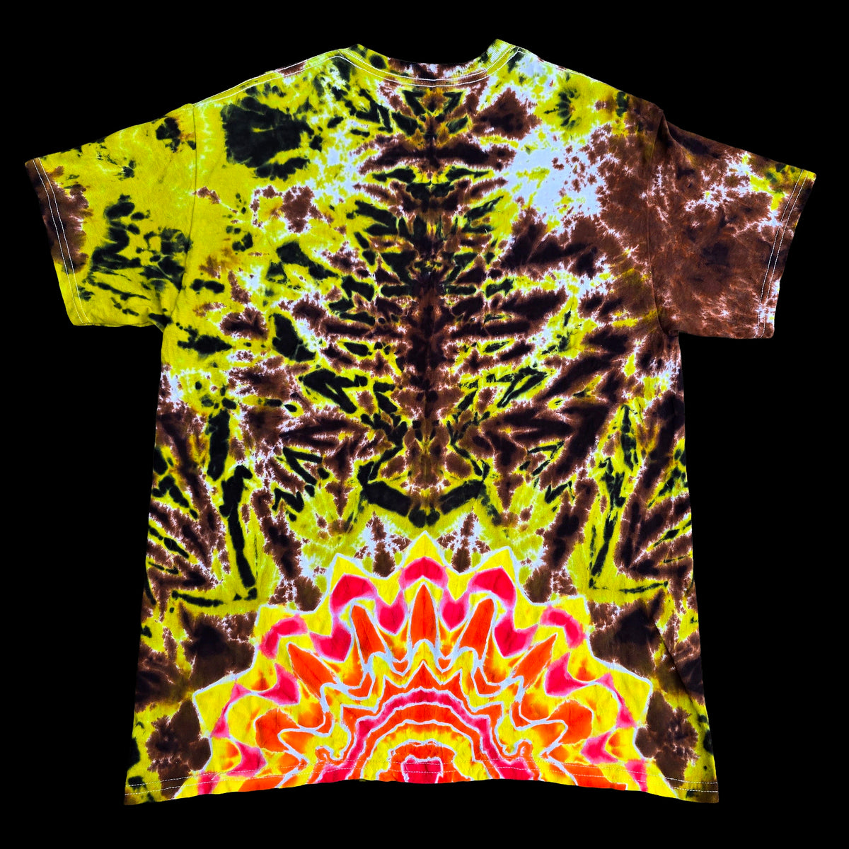 A short-sleeve tie-dye t-shirt with a highly symmetrical, psychedelic design. The top half features a dark brown and black spiderweb-like pattern on a bright yellow background, while the bottom half transitions into a vibrant neon mandala with yellow, pink, and red concentric shapes.
