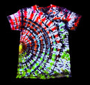A short-sleeve crewneck t-shirt featuring a vibrant, multicolor spiral tie-dye pattern on a solid black background.