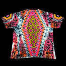 Back full flat view of tie dye shirt displaying The Shining Overlook Hotel geometric carpet pattern and red honeycomb borders
