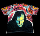 Front full flat view of handmade tie dye tee featuring hand painted Jack Nicholson portrait with red geode background on black cotton