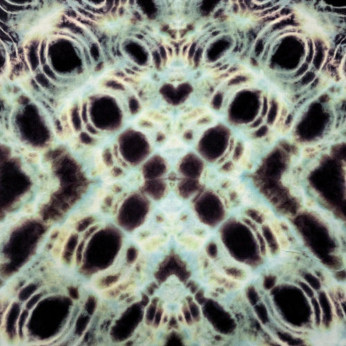 A close-up of a patterned fabric or material with a symmetrical, kaleidoscopic design featuring black circular spots and concentric rings on a pale mint green and cream background.