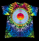 A short-sleeve tie-dye t-shirt featuring a vibrant, symmetrical mandala design with a central red and orange sun and radiating rainbow patterns on a black background.