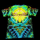 A short-sleeve crewneck t-shirt featuring a vibrant, symmetrical psychedelic tie-dye pattern with neon yellow, green, blue, and purple colors on a black background.
