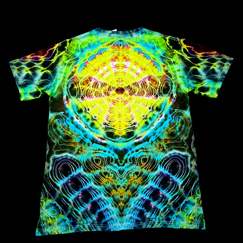 A short-sleeve crewneck t-shirt featuring a vibrant, symmetrical psychedelic tie-dye pattern with neon yellow, green, blue, and purple colors on a black background.