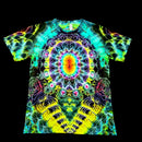 A short-sleeve crewneck t-shirt featuring a vibrant, symmetrical psychedelic mandala print in neon yellow, green, blue, purple, and pink, displayed flat against a solid black background.