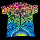 A short-sleeve crewneck t-shirt featuring a vibrant, symmetrical neon tie-dye pattern with multiple colors including pink, orange, yellow, green, blue, and purple on a black base, shown against a solid black background.