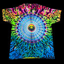 A short-sleeve crewneck tie-dye t-shirt featuring a vibrant, symmetrical mandala design in neon blue, green, pink, yellow, and purple, displayed flat against a solid black background.