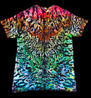 A short-sleeve crewneck t-shirt featuring a vibrant, symmetrical neon tie-dye pattern with a kaleidoscope of colors including pink, orange, yellow, green, blue, and purple on a black base, shown against a solid black background.