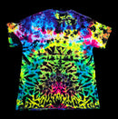 A short-sleeve crewneck t-shirt featuring a vibrant, symmetrical tie-dye pattern in neon colors, displayed flat against a solid black background.