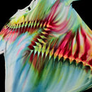 A close-up of a tie-dye t-shirt featuring a vibrant, swirling pattern of pink, green, yellow, and blue on a black background.
