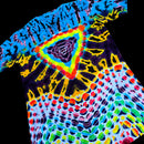 A short-sleeve tie-dye T-shirt laid flat on a black background, featuring a complex neon rainbow pattern with concentric triangles and splatter motifs in blue, yellow, green, red, orange, and purple.