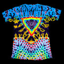 A short-sleeve tie-dye T-shirt with a highly symmetrical, psychedelic pattern featuring a large rainbow triangle in the center.