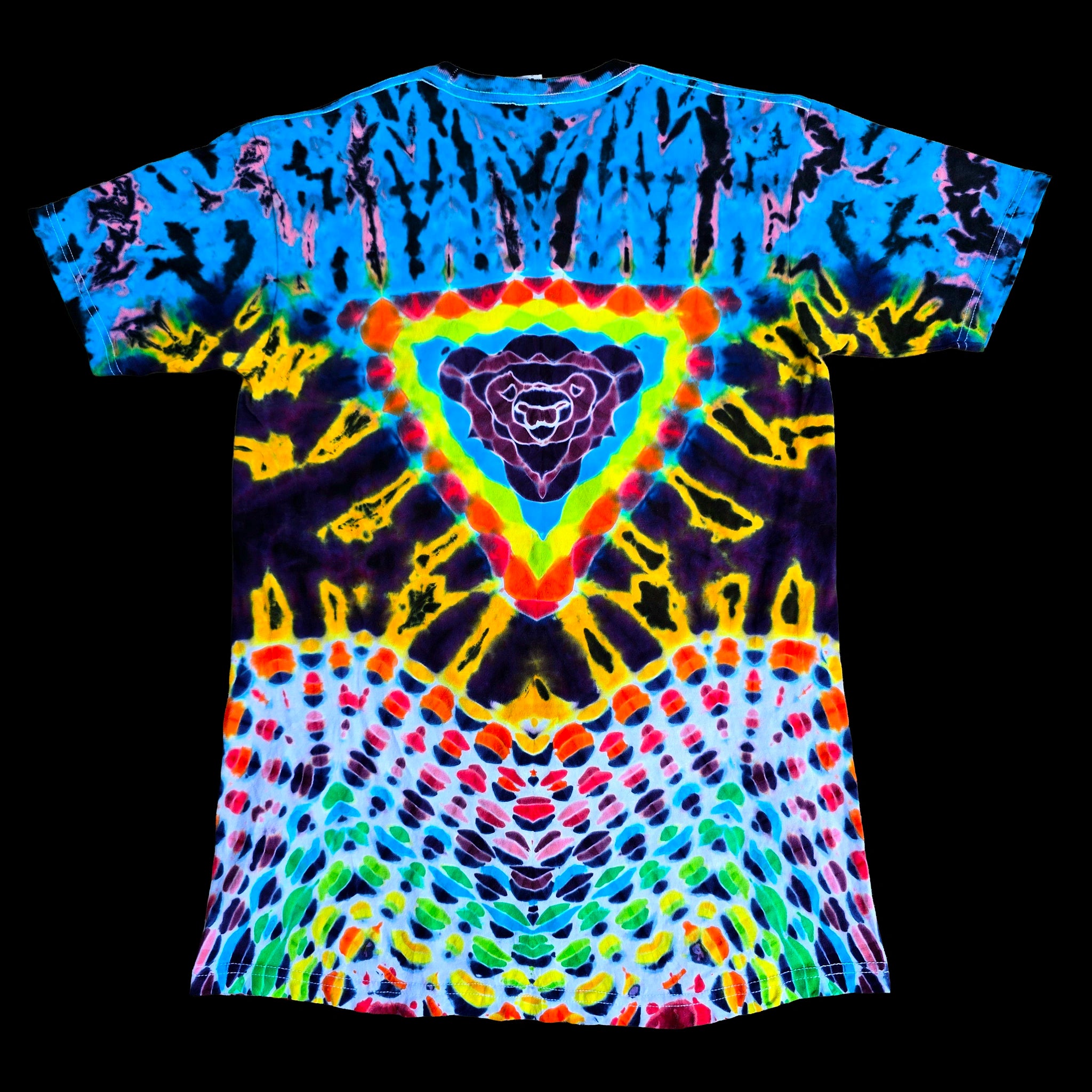 A short-sleeve tie-dye T-shirt with a highly symmetrical, psychedelic pattern featuring a large rainbow triangle in the center.