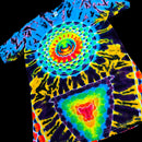 A short-sleeve tie-dye T-shirt laid flat on a black background, featuring a large spiral mandala design on the chest and a triangular rainbow motif near the lower right front.