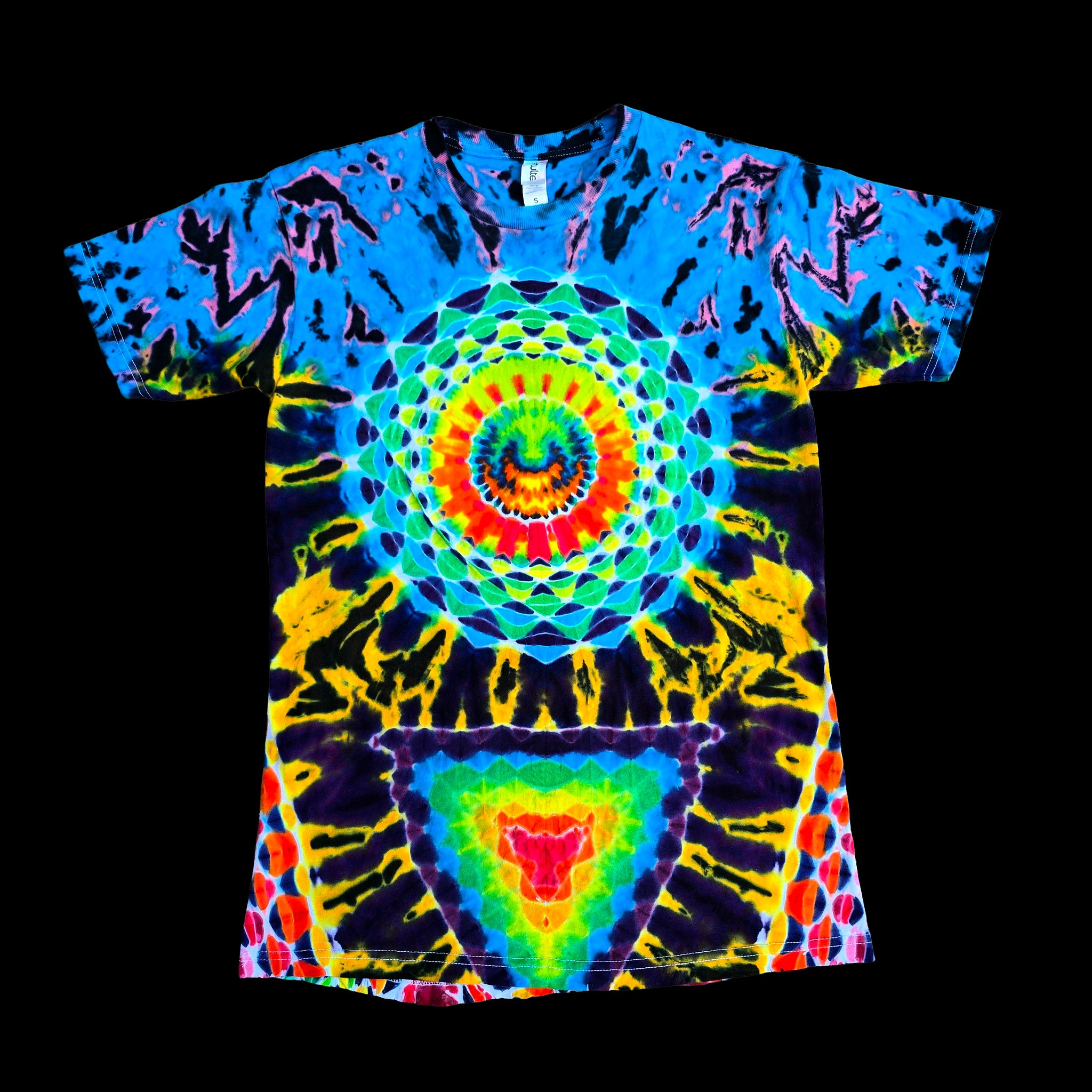 A short-sleeve crewneck t-shirt featuring a vibrant, psychedelic tie-dye pattern with a large mandala design on the front.