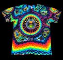 A short-sleeve crewneck t-shirt featuring a vibrant, symmetrical psychedelic mandala pattern with a rainbow spectrum of neon colors on a black background.