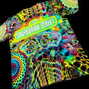 Back angled perspective of tie dye tee detailing Grateful Dead Shakedown Street street sign art and colorful agate formations