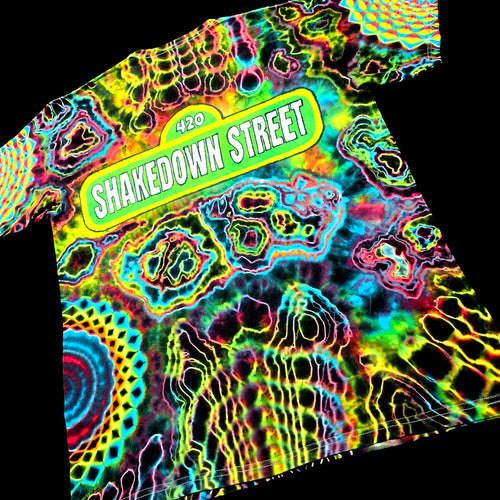 Back angled perspective of tie dye tee detailing Grateful Dead Shakedown Street street sign art and colorful agate formations