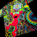 Front angled perspective view of tie dye shirt showing bright red Elmo graphic, geometric star, and side mandala pattern
