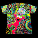 Front full flat view of handmade tie dye tee featuring hand painted Elmo portrait with geometric star and geode rings on black cotton