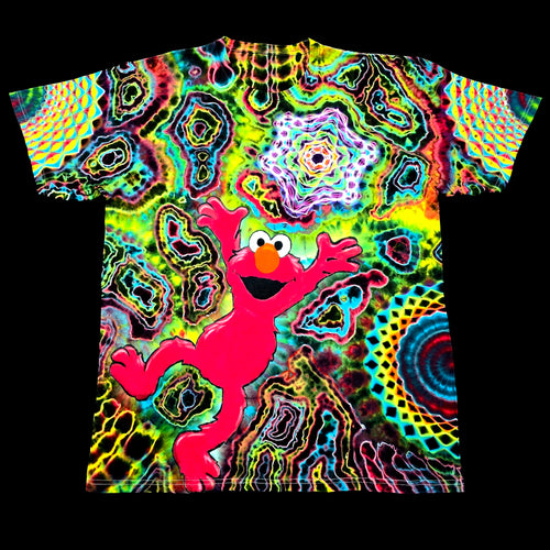 Front full flat view of handmade tie dye tee featuring hand painted Elmo portrait with geometric star and geode rings on black cotton