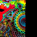 A highly vibrant, psychedelic tie-dye pattern featuring the character Elmo on the left, with swirling neon colors including green, yellow, blue, red, and pink, alongside a geometric mandala design on the right side.