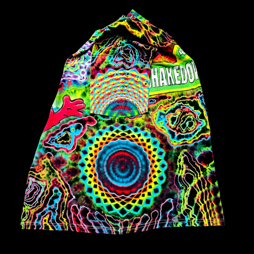A short-sleeve shirt with a vibrant, psychedelic tie-dye pattern featuring a central mandala design and the word 'SHAKEDOWN' on the chest, displayed against a solid black background.