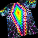 A short-sleeve t-shirt with a vibrant, psychedelic rainbow graphic featuring concentric diamond patterns and neon lightning effects on a black background.