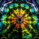 A symmetrical kaleidoscopic abstract artwork with neon rainbow colors including blue, green, yellow, orange, and purple on a black background.