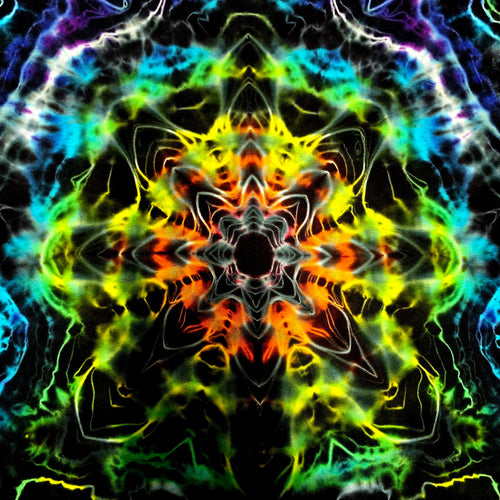A symmetrical kaleidoscopic abstract artwork with neon rainbow colors including blue, green, yellow, orange, and purple on a black background.