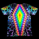 A short-sleeve crewneck t-shirt featuring a vibrant, symmetrical rainbow tie-dye pattern with a central neon diamond and abstract glowing designs on a black background.