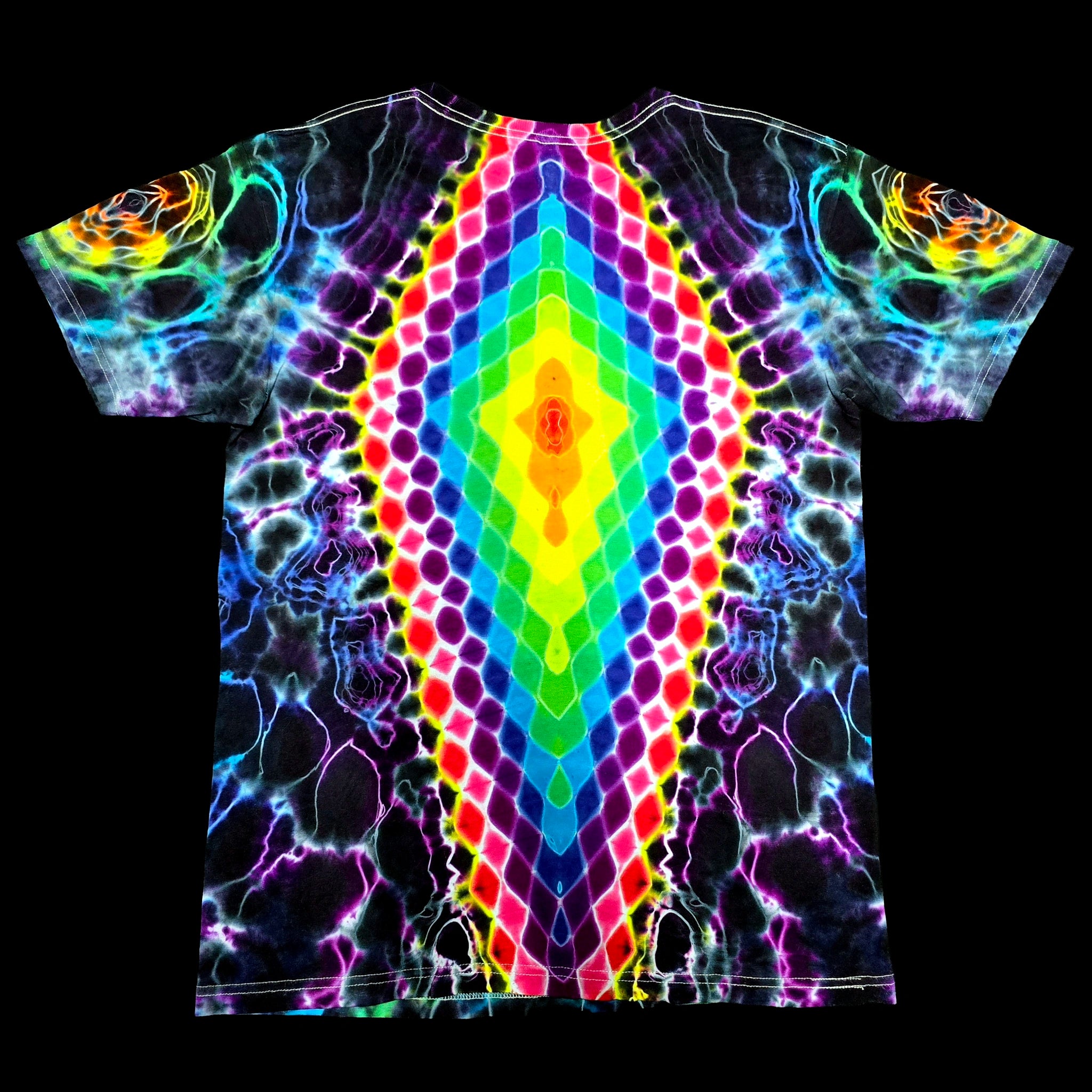 A short-sleeve crewneck t-shirt featuring a vibrant, symmetrical rainbow tie-dye pattern with a central neon diamond and abstract glowing designs on a black background.