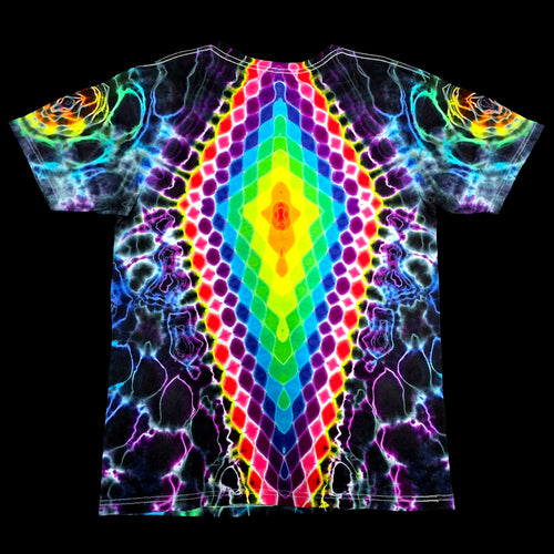 A short-sleeve crewneck t-shirt featuring a vibrant, symmetrical rainbow tie-dye pattern with a central neon diamond and abstract glowing designs on a black background.