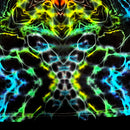 A close-up of a black fabric with a highly vibrant, symmetrical neon pattern featuring glowing green, blue, yellow, and orange veins on a black base.