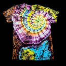 A short-sleeve crewneck tie-dye t-shirt featuring a large spiral pattern in the center and a matching blue and yellow abstract pattern near the bottom, displayed against a solid black background.