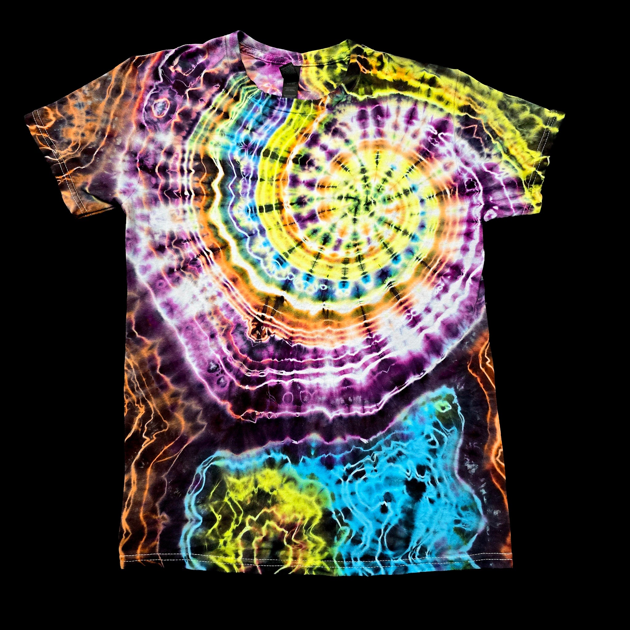 A short-sleeve crewneck tie-dye t-shirt featuring a large spiral pattern in the center and a matching blue and yellow abstract pattern near the bottom, displayed against a solid black background.