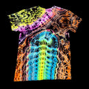A short-sleeve crewneck t-shirt featuring a vibrant, psychedelic tie-dye pattern with a central rainbow gradient and wavy neon lines in yellow, green, blue, purple, and orange, displayed against a solid black background.