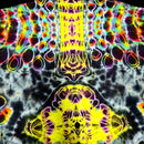 Close-up of a tie-dye garment featuring a highly symmetrical, psychedelic pattern with neon yellow, purple, orange, green, and black tie-dye swirls.