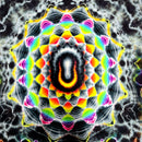 A highly symmetrical, psychedelic kaleidoscopic mandala pattern with concentric rings of neon yellow, orange, red, green, blue, and purple on a dark textured background.