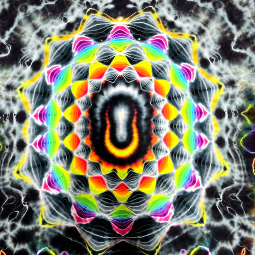 A highly symmetrical, psychedelic kaleidoscopic mandala pattern with concentric rings of neon yellow, orange, red, green, blue, and purple on a dark textured background.