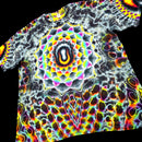 A short-sleeve crewneck t-shirt featuring a vibrant, psychedelic tie-dye pattern with a large central mandala design and an abstract organic pattern across the body and sleeves, shown against a solid black background.