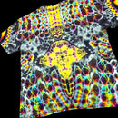 A short-sleeve t-shirt featuring a highly vibrant, psychedelic tie-dye pattern with neon yellow, pink, green, blue, and purple colors over a black and white base, shown against a solid black background.