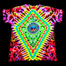 A short-sleeve crewneck t-shirt featuring a vibrant, psychedelic tie-dye pattern with a central mandala design. The shirt is covered in neon colors including pink, yellow, green, blue, orange, and purple in a symmetrical, radial burst pattern, presented flat against a solid black background.