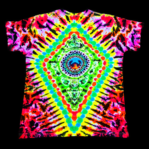A short-sleeve crewneck t-shirt featuring a vibrant, psychedelic tie-dye pattern with a central mandala design. The shirt is covered in neon colors including pink, yellow, green, blue, orange, and purple in a symmetrical, radial burst pattern, presented flat against a solid black background.