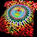 A short-sleeve tie-dye T-shirt with a large spiral mandala pattern in bright neon colors including red, orange, yellow, green, blue, purple, and black, shown against a black background.