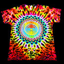 A short-sleeve crewneck t-shirt featuring a vibrant, psychedelic tie-dye pattern with a central mandala design. The shirt is covered in neon colors including pink, yellow, green, blue, orange, and purple in a symmetrical, radial burst pattern, presented flat against a solid black background.